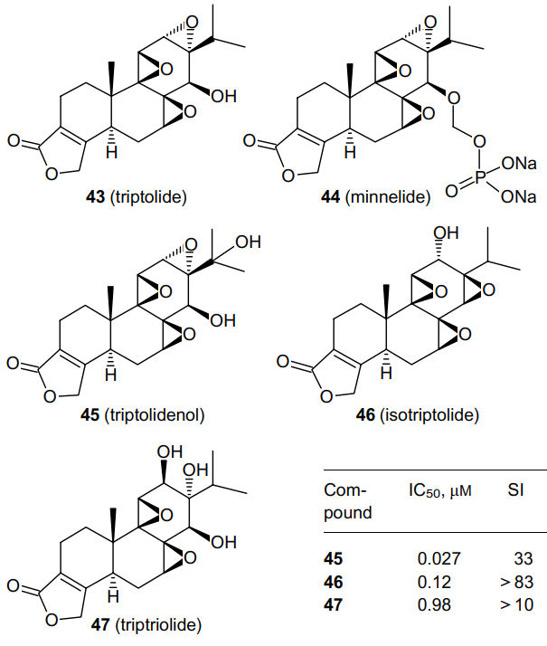 Structures of triptolide (43), minnelide (44), triptolidenol (45), isotriptolide (46) and triptriolide (47), and anti-HIV-1 activity of compounds 45-47.42