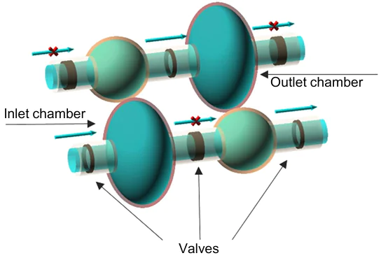 Schematic of the structure of the two-chamber DEA peristaltic pump. The lower part displays the suction and discharge of the fluid; the upper part, the flow of the fluid from the input to the output chamber. The Figure was prepared by the authors using original data from the study263