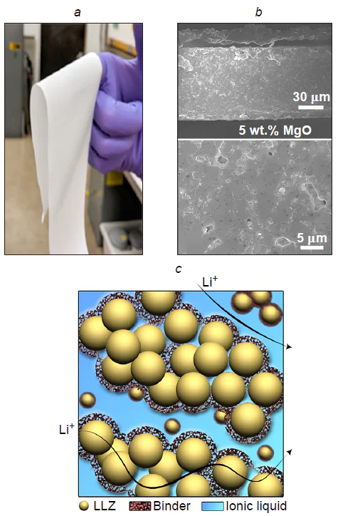 Examples of using tape casting for the formation of LLZ based electrolyte: (a) prepared Al-LLZ flexible type electrolyte (350 μm thick);121 (b) SEM image of a fracture section of Al-LLZ electrolyte containing MgO (5 wt.%) obtained by tape casting followed by sintering at 1115°C for 3 h (Ref. 121); (c) Li+ transfer in LLZ with Li(G4)FSI ionic liquid. Figure 6a and 6b are reproduced from Ref. 121 [Energy Fuels, 35, R.A.Jonson, E.Yi, F.Shen, M.C.Tucker, Optimization of tape casting for fabrication of Li6.25Al0.25La3Zr2O12 sheets, p. 8982; Copyright (2021)] with permission from American Chemical Society.