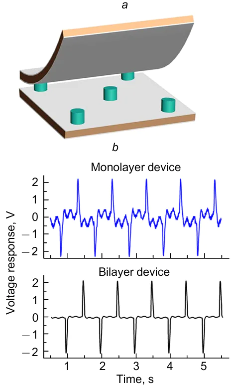 Scheme of formation of a bilayer pyroelectric sensor based on self-polarized PVDF (a) and pyroelectric response signals of the converter based on monolayer and bilayer films upon simultaneous mechanical (5Hz) and thermal (1Hz) excitation(b).243