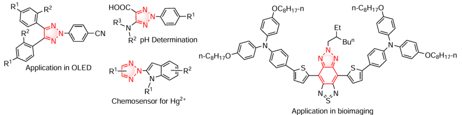 Structures of compounds containing a 2H-functionalized 1,2,3-triazole moiety used to design functional materials for various purposes.