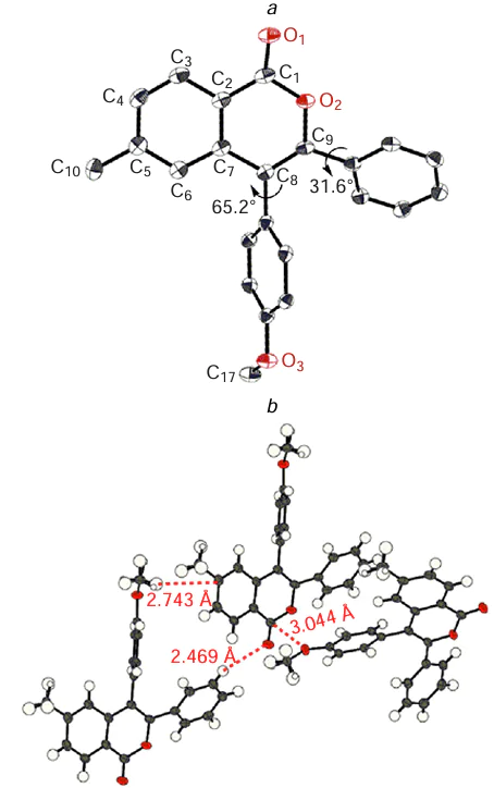 Molecular structure (a) and crystal packing (b) of isocoumarin 5, which demonstrates the AIE effect caused by the formation of intermolecular C – H⋯O, C – H⋯C, and O⋯O conacts.47