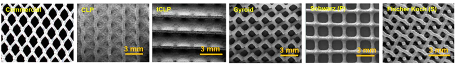 SEM images (top view) of commercial separators and 3D-printed TPM separators.100 From left to right: commercial, Schwarz surface, transverse surface, gyroid, Schwarz primitive, Fischer-Koch surface. © Elsevier B.V., 2018.