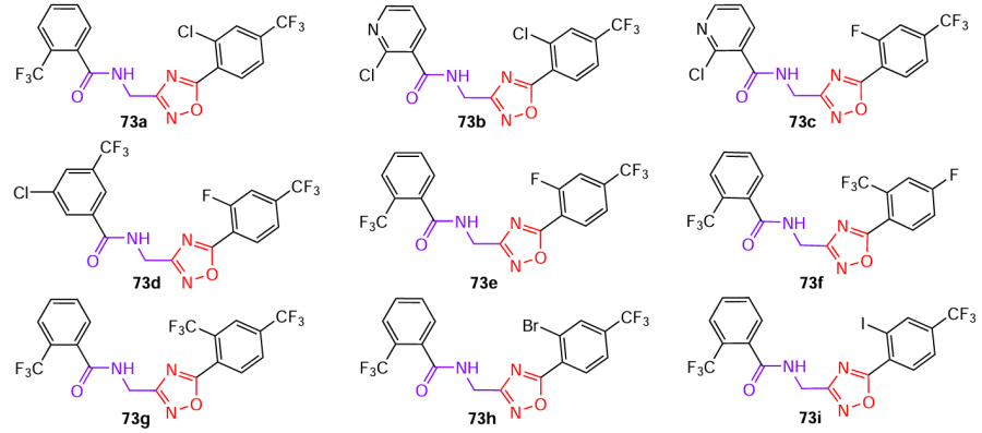 Structures of 1,2,4-oxadiazole-based amides 73 that showed a pronounced nematicidal activity.45
