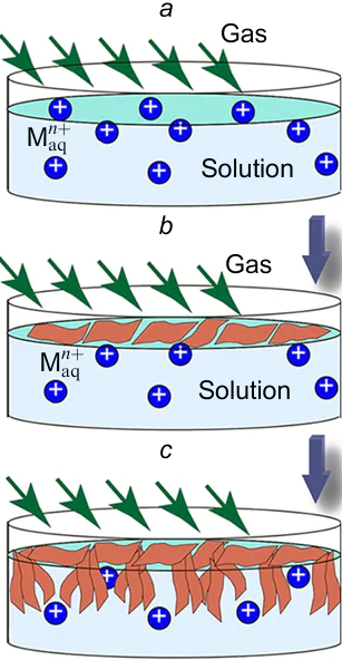 Scheme of the formation of a metal oxide and hydroxide NS layer with predominant orientation by the reaction at the precursor solution/gaseous reactant interface. (a, b, c) stages of the layer formation; for explanation, see text. The Figure was created by the authors using published data.162