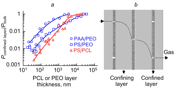 Oxygen permeability normalized to the corresponding permeability of the bulk film versus the thickness of single layers of multilayer films (a), and a schematic showing the gas diffusion pathway through a multilayer structure;55 Fig. (a) was created by the authors on the basis of Ref. 55; (b) reproduced with the permission of American Association for the Advancement of Science.