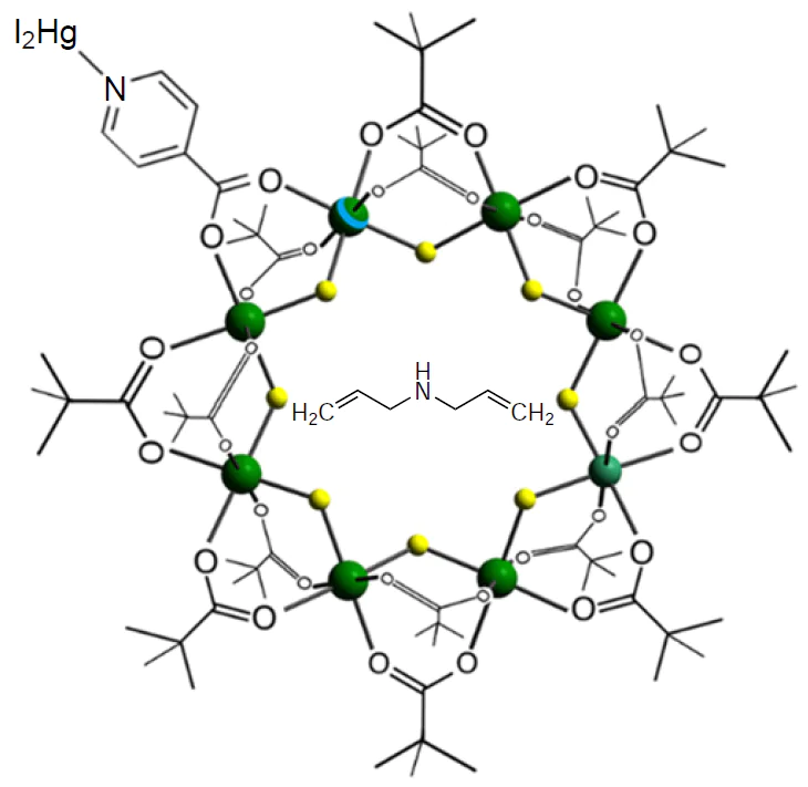 Structure of the cluster[NH2(CH2 – CH═CH2)2][Cr7NiF8(O2CBut)15(O2CC5H4N – HgI2)].225 ©SPIE Proceedings, 2022.
