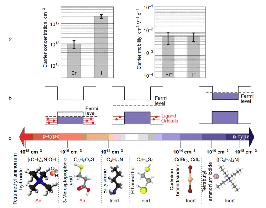 (a) Concentration of the dopant (on the left) and carrier mobility (on the right) in PbS CQD films treated with tetramethylammonium bromide and iodide[337]; (b) n-doping by using excess Pb, resulting in the Fermi level being located near the conduction band maximum (on the right); shift of the Fermi level to the mid-band gap due to increasing number of surface ligands (at the centre); further shift of the Fermi level towards the valence band with formation of free holes due to additional anionic ligands (on the left)[338]; (c) effect of PbS CQD surface treatment with different compounds on the concentration of dopants (treatment conditions are indicated below)[339].