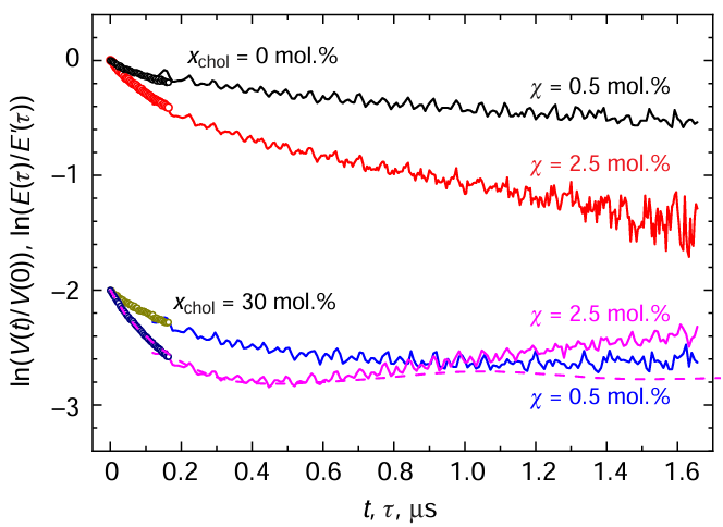 Semilog plot of combined DEER and 2p ESE data for ibuprofen-SL (with χ = 0.5 and 2.5 mol.%) in DOPC/DPPC and DOPC/DPPC/cholesterol bilayers. Data for the second case are shifted down by 2 divisions. Circles represent DEER data for τ = 200 ns, solid lines represent 2p ESE data. The dashed line shows the calculation results for a model of six spin labels randomly distributed around a circle of radius 1.9 ± 0.05 nm.45