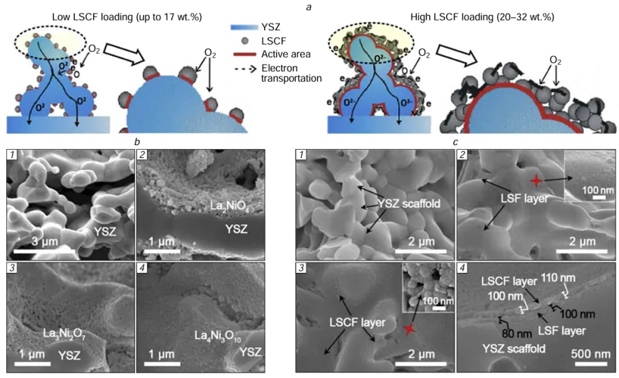 (a) Schematic illustration of different microstructures for the LSCF-YSZ composite cathodes with low (left) and high (right) LSCF loadings.271 Copyright belongs to Elsevier; (b) The cross-section SEM images of microstructure with YSZ backbone (9 b1) and La2NiO4 ± δ-YSZ (9 b2), La3Ni2O7 ± δ-YSZ (9 b3), La4Ni3O10 ± δ-YSZ (9 b4) nanocomposites (45 wt.% loading) after the final sintering step at 850°C.273 Copyright belongs to the Electrochemical Society; (c) SEM images of the porous YSZ backbone before infiltration (9 c1), SEM images of the LSF/YSZ composite cathode surface (9 c2), SEM images of the LSCF/LSF/YSZ composite cathode surface (9 c3), and cross section SEM image of the LSCF/LSF/YSZ composite cathode (9 c4).274 Copyright belongs to Elsevier.