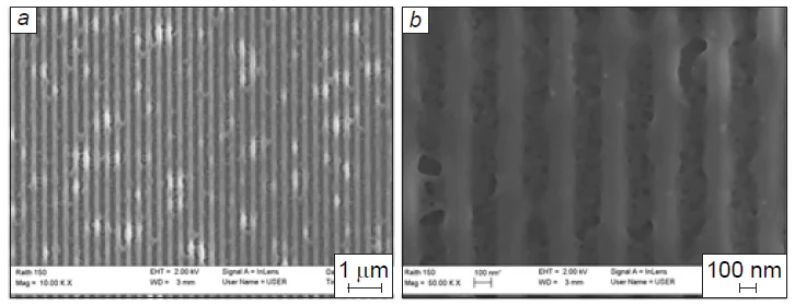 SEM images of the results of lithography with 120 nm resolution for poly(norbornene sulfone)-based resists shown at various magnifications: (a) 10-fold, (b) 50-fold.139 ©SPIE Proceedings, 2010.