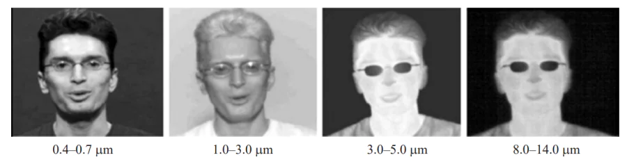 Facial images of the same person in different spectral ranges: 0.4–0.7 µm (visible), 1.0–3.0 µm (SWIR), 3.0–5.0 µm (MWIR) and 8.0–14.0 µm (LWIR)[55].