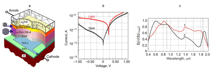 Characteristics of the photosensitive element AgNW/p-PbS CQD-EDT/n-PbS CQD-TBAI/Ni/Cr[211]: (a) architecture; (b) CVC under illumination with an electric filament lamp, incident power of ~3 mW, and without illumination; (c) spectral dependence of the relative photosensitivity for (1) the sensor architecture shown in inset[211] (a) and (2) the PbS/C60 architecture on the ROIC surface[76].