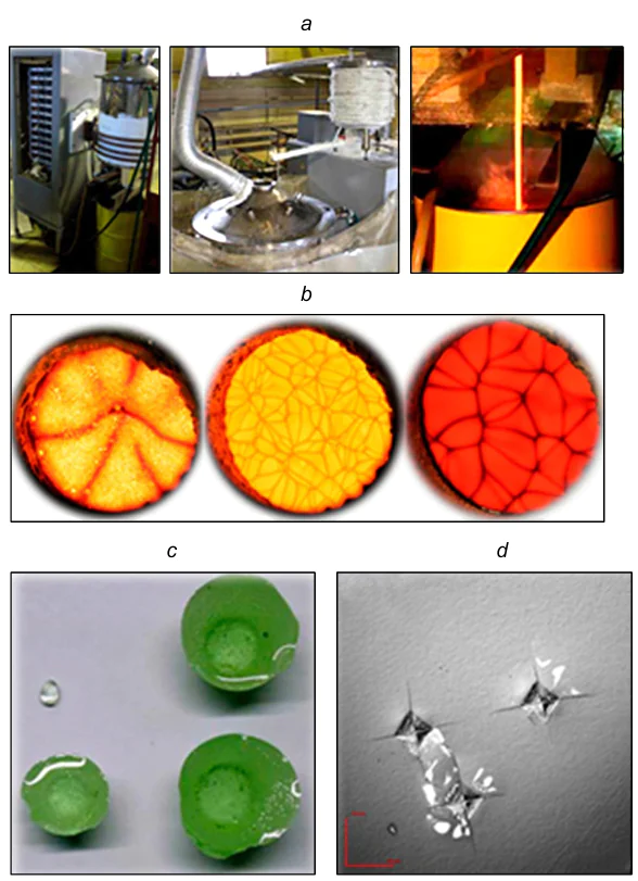 Single-stage technology of radioactive waste vitrification realized in the Alexandrov Research Institute of Technology: (a) are the crucible, pulp feeding system, and pouring of glass melt into a container; (b) is surface of the glass melt (convection pattern on the surface); (c) are samples of vitrified radioactive waste; (d) is examination of microhardness of the samples of vitrified radioactive waste.35