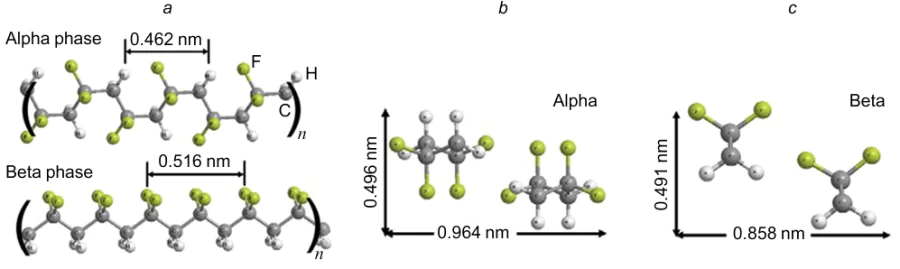  Structures of the α (non-polar) and β (polar) phases of PVDF: (a) distances between the units of the backbone along the chains; (b), (c) distances across the polymer backbone.4 Reproduced with the permission of Elsevier.