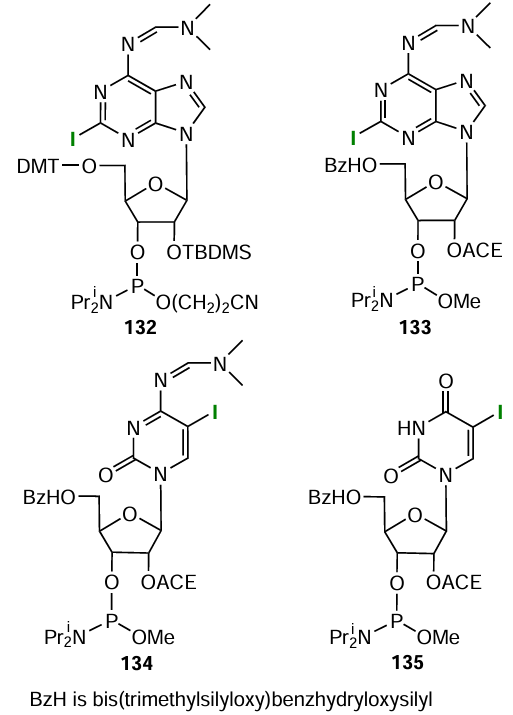 Structures of lab-made halogenated phosphoramidites 132 – 135
