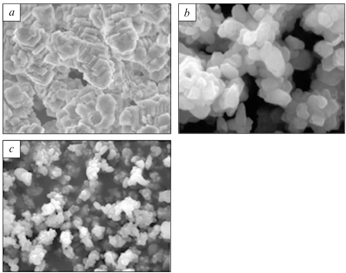 SEM images of the samples of calcium carbonate superfine powder prepared with various ammonium citrate ratio. The ratio of ammonium citrate and calcium ions: 0 (a), 0.05 (b), 0.1 (c). Reproduced from Ref. 252 with permission from Elsevier.