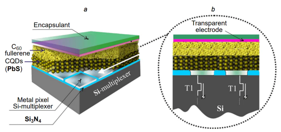 Diagram of integration of photosensitive element array based on CQD barrier structure to Si ROIC with the top contact/С60/CQD PbS/bottom contact architecture: (a) photodiode array hybridized with Si ROIC; (b) two С60/CQD elements electrically connected to the input devices of ROIC (Т1 transistor sources). The energy barrier is formed at the С60/PbS CQD contact. The Figure was created by the authors using published data[75, 88].