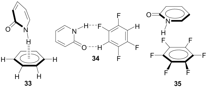 Structural motives in complexes of 2-pyridone with benzene and fluorobenzenes. The figure was created by the authors using data of Refs 75-78.