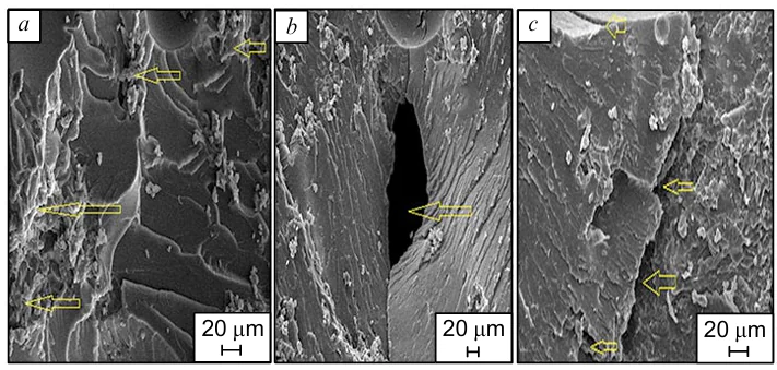 SEM images of Epoxy/1% CNF showing agglomerations (a), void (b), and deep fracture (c).198 The figure is published with permission by Elsevier