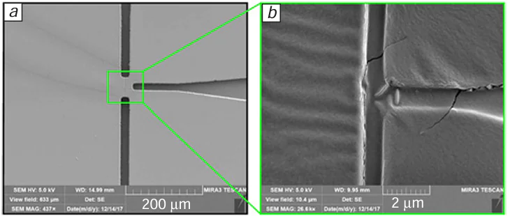 Nanochannel region with T-junction of a microfluidic device: (a) SEM micrograph of the nanodroplet-generating T-junction of nanochannels, (b) magnified SEM image of the same T-junction demonstrating a ≈ 800 nm wide nanochannel.222 Copyright belongs to the American Association for the Advancement of Science.