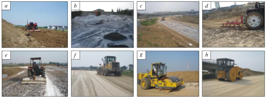 Construction of CCR amended Embankment. Placing and spreading filled soil (a); tedding and air-drying CCR (b); paving CCR by scrapers (c); mixing CCR and filled soils by a plow 1LF-335 (d); enhanced mixing CCR and filled soil by a dozer (e); grading CCR-amended soil (f); compacting CCR-amended soils by a vibratory roller SR20MP-2 (g); enhanced compacting CCR-amended soils by a steel-wheelroller YC6108G (h). Reproduced with permission of the authors of Ref. 265.