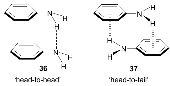 Conformations of aniline dimer calculated for the gas phase. The figure was created by the authors using data of Ref. 79.