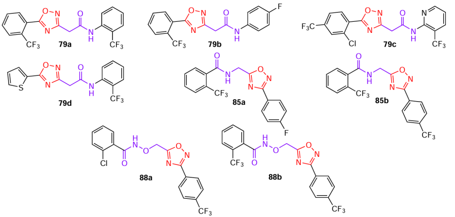 Structures of 1,2,4-oxadiazole amides 79, 85, and 88 possessing the highest nematicidal activity.46
