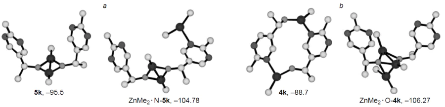 Calculated structures and relative energies of formation (kJ mol–1) of square (a) and macrocyclic (b) dimers, as well as their complexes with Me2Zn. Energies are quoted relative to the summed energies of two aldehydes and two (or three) molecules of Me2Zn.51 Сopyright National Academy of Sciences 2004.
