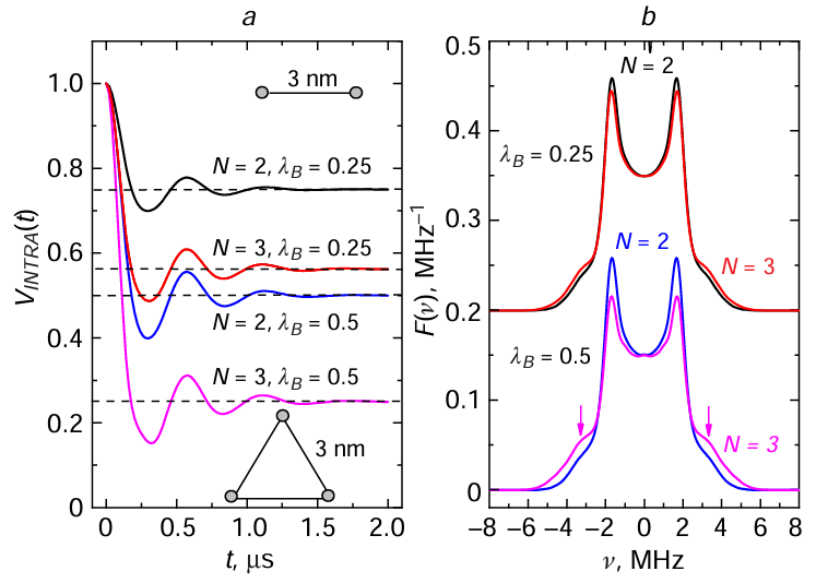 (a) Calculated time dependences of the DEER signal for a 3 nm long biradical (similar to Fig. 3 a) and an equilateral triradical with the same side length of 3 nm, for two different excitation efficiencies λВ (0.25 and 0.5). The dotted lines show the asymptotic limiting value at large times. Fourier transforms (b) are obtained for normalized signals VN (t); the data for λВ = 0.25 are shifted upward for clarity of presentation. Arrows correspond to the doubled frequency of the singularity positions in the spectrum (see discussion in the text).