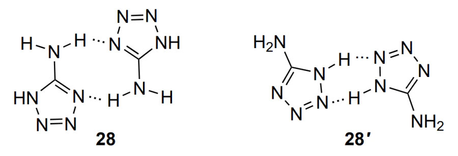 Structures of dimers 28 and 28' formed by two molecules of 5-aminotetrazole (25) involving hydrogen atoms of an amino group or endocyclic NH groups of tetrazole rings, respectively.