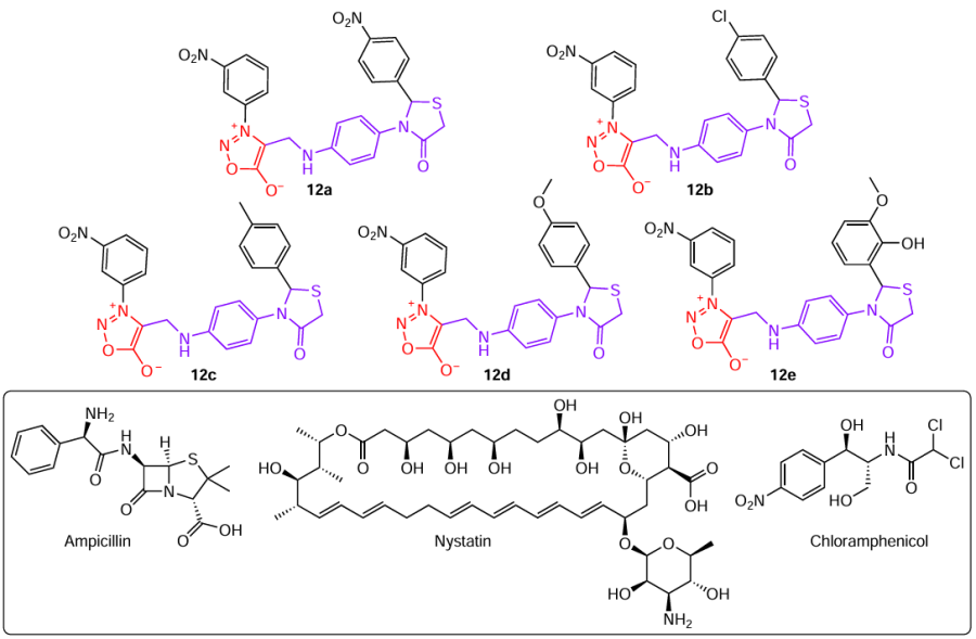 Structures of thiazolidinone–sydnones 12 with the most pronounced antimicrobial activities and active ingredients of commercial drugs (drawn in the box).16