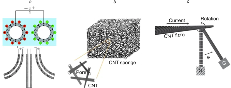 Carbon nanotube actuators: (a) a bending actuator;50,52 (b) CNT aerogel (material for actuator);53 (c) a CNT torsional actuator.54,55 Reproduced with the permission of AAAS50 and John Wiley and Sons.52,54