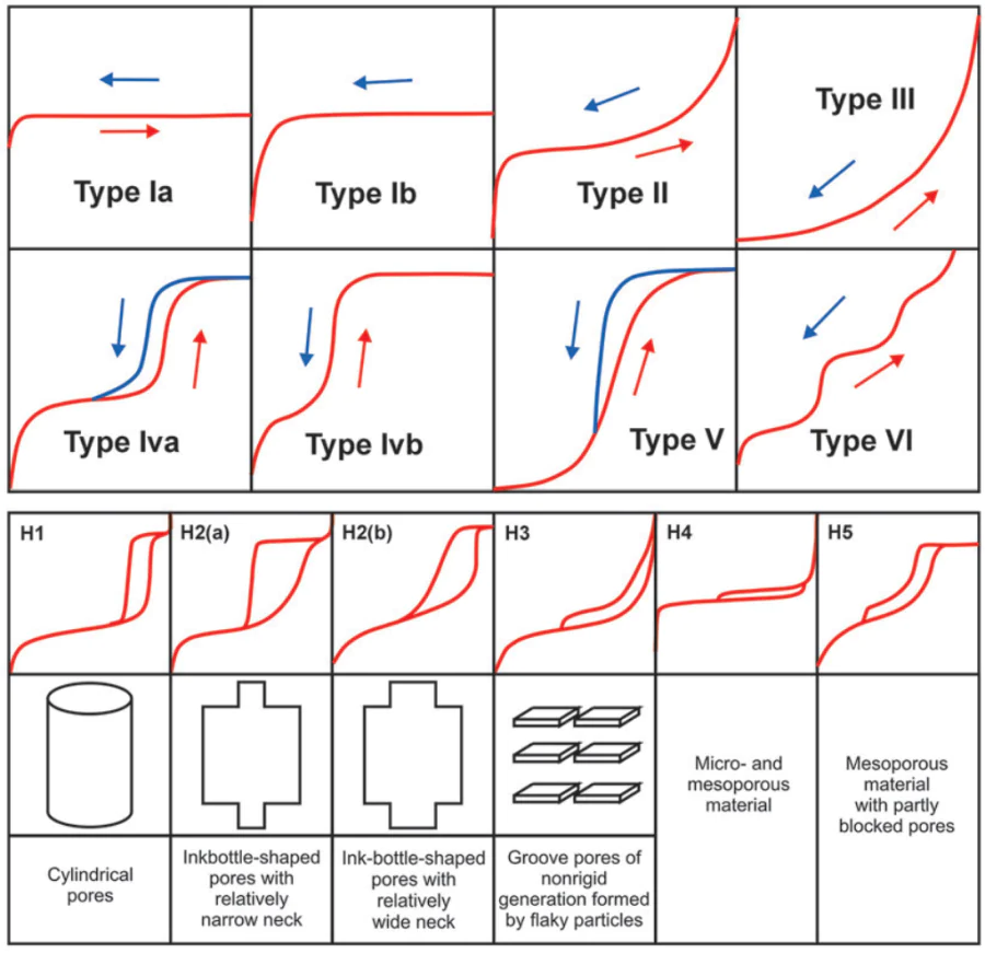 Types of sorption/desorption isotherms, different hysteresis loops and corresponding porosity types according to the IUPAC classification.65–69