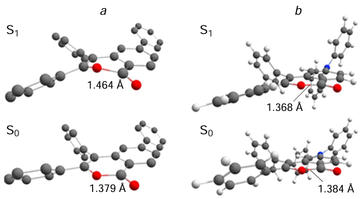 Comparison of the ground state (S0) and the first excited state (S1) geometries for isocoumarins 1 (a) and 2 (b), possessing weak and strong fluorescence, respectively.36 Red spheres designate the oxygen atoms; hydrogen atoms for compound 1 are omitted for simplicity; the distances between the C(1) and O(2) atoms in the six-membered ring are given according to DFT data.