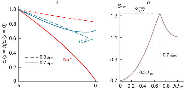 Concentration profiles of Na+ and Ca2+ ions at current densities J=0.3Jlim and J=0.7Jlim in the depleted diffusion layer that is adjacent to a bilayer membrane with a deposited anion-exchange layer and a cation-exchange substrate layer (a); S1/2 vs. J/Jlim for the composite membrane (b). The calculation was performed using a one-dimensional model based on the Nernst-Planck-Poisson equations.239