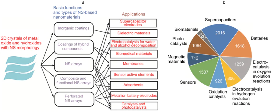 Scheme illustrating the diversity of nanomaterials that can be obtained using 2D nanocrystals with NS morphology and their practical applications (a) and distribution chart of the number of publications by subject based on the Scopus database (b). For explanation of the procedure used for the search of original publications, see the text; the numerals in the chart are the numbers of articles on each of the subjects