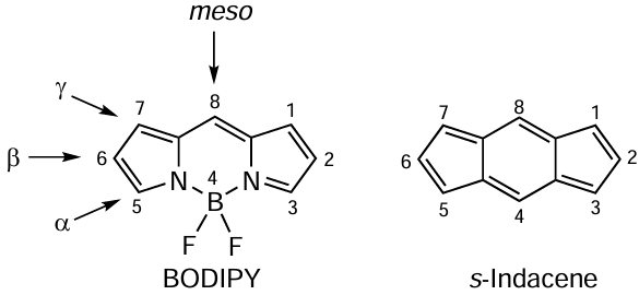 Atom numbering in BODIPY and s-indacene