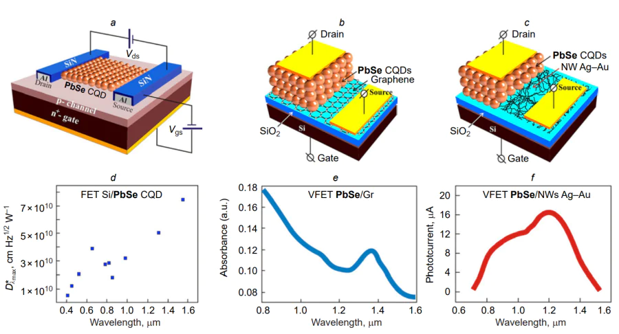 Field-effect transistors based on PbSe CQDs: (a) FET with the architecture (n+-Si)/SiO2 /p-PbSe CQDs/Al/SiN and (d) spectral dependence of the specific detectivity for the transistor[239]; (b) FET with the vertical architecture Au/Gr/(/SiO2/n+-Si)/p-PbSe CQDs/Au and (e) FET absorbance[241]; (c) FET with the vertical architecture Au/Ag–Au NWs/(/SiO2/n+-Si)/p-PbSe CQD/Au and (f) spectral dependence of the FET photocurrent for Vsd = 1 V, Vg = 1 V[240]. VFET is vertical field-effect transistor.