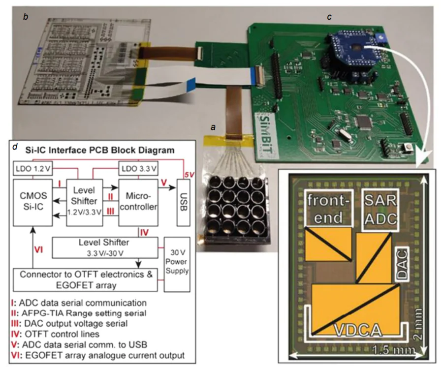 SiMBiT (single molecule bio-electronic technique) system[14]. (а) Photograph of the proposed 4×4 EGOFET array in the enzyme-linked immunosorbent assay plate; (b) OTFT multiplexing electronics; (c) integrated circuit; (d) integrated circuit interface printed board block diagram.