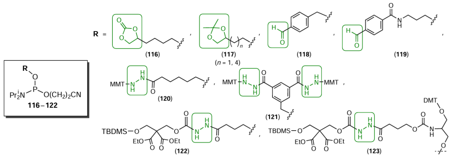 Structures of lab-made terminal (compounds 116 – 122) and internal (compound 123) modifiers containing aldehyde (compounds 116 – 119) and hydrazide (compounds 120 – 123) functional groups
