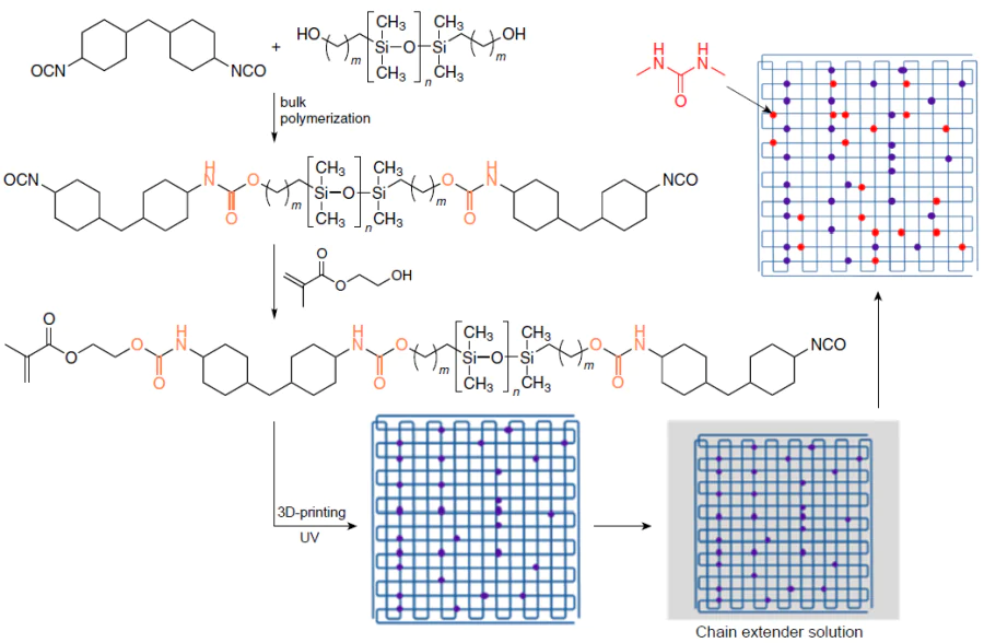 Schematic picture of 3D printing of cross-linked polyurethane-urea-siloxane under UV irradiation.164 Elsevier B.V., 2024.