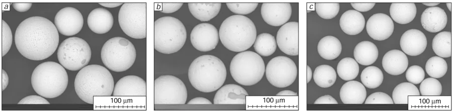 SEM images of powder particles: (a) 316L, (b) 316 L + 0.2% Ag, (c) 316L + 0.5% Ag.134