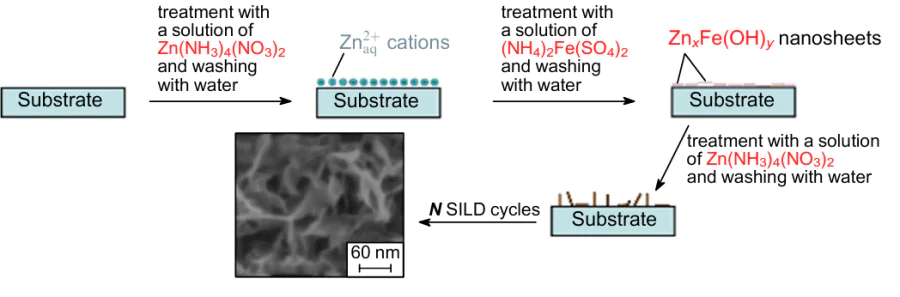 Scheme of the formation of ZnxFe(OH)SO4·nH2O nanosheets on the substrate surface during the ionic layer deposition synthesis involving solutions of (NH4)2Fe(SO4)2 and Zn(NH3)4(NO3)2. The Figure was created by the authors using published data.20,188