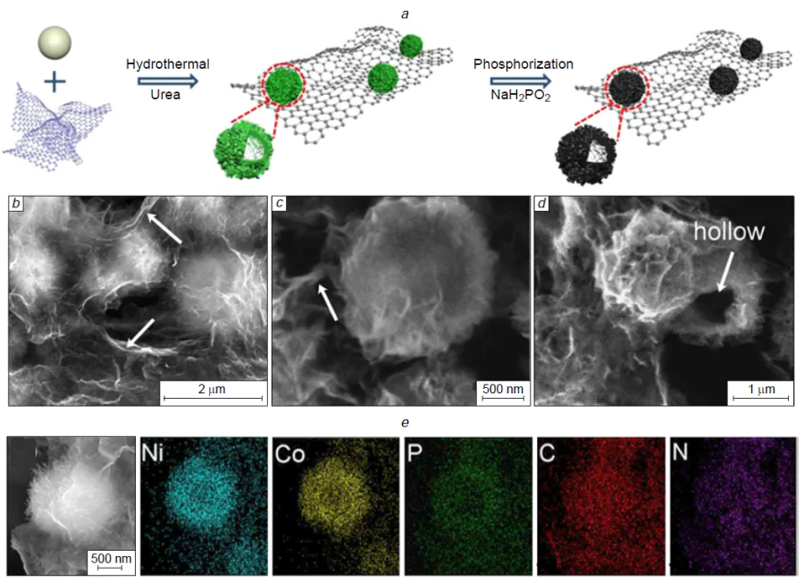 Schematic illustration of the synthesis process and structural characterization of PrGO/NiCoP hollow microspheres. Formation process of PrGO/NiCoP (a). SEM images of PrGO/NiCoP of different scale (b – d). Elements mapping of PrGO/NiCoP (e). Reproduced from Dong et al.60 with permission from Elsevier.