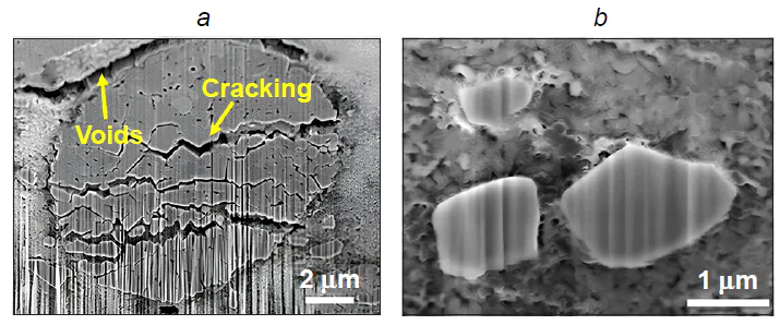 Cracking of an NMC-Li3YCl6 composite cathode containing polycrystalline NMC particles (a)173 and cracking prevention in an NMC-Li3YCl6 composite cathode with single-crystalline NMC particles (b).173 Reproduced from Ref. 173 [ACS Energy Lett., 8, Y.Kim, H.Cha, R.Kostecki, G.Chen. Composite cathode design for high-energy all-solid-state lithium batteries with long cycle life, p. 521, Copyright (2023)] with permission from the American Chemical Society.