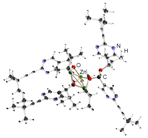 Optimized structure of the acetal P3 · Ac. The Zn – Zn distances are 3.02, 3.09, and 3.19 Å.62 Copyright Chemical Society of Japan 2015.