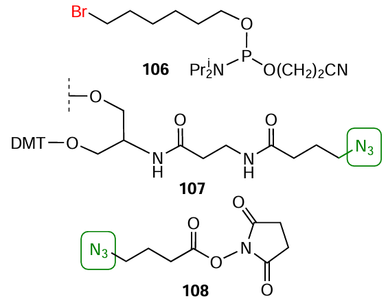 Structures of commercially available 5'-modifiers: bromide 106, azide-modified support 107, and N-hydroxysuccinimidyl 4-azidobutanoate 108